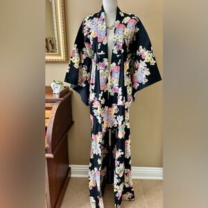Japanese Floral Kimono Yukata Cotton Long Robe Black Multi Color Chrysanthemum